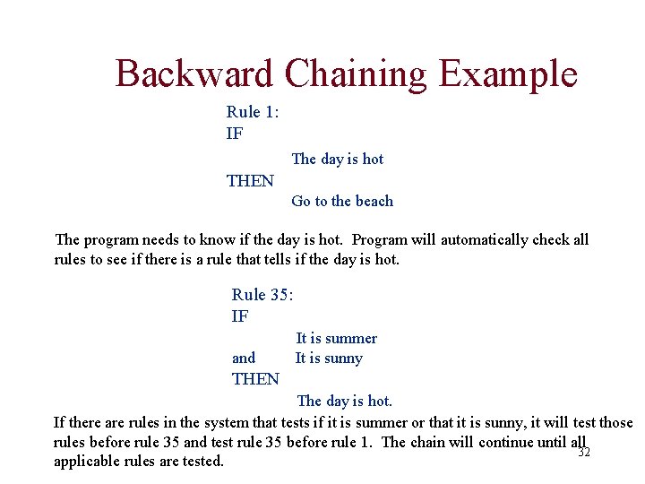 Backward Chaining Example Rule 1: IF The day is hot THEN Go to the Backward Chaining Example Rule 1: IF The day is hot THEN Go to the