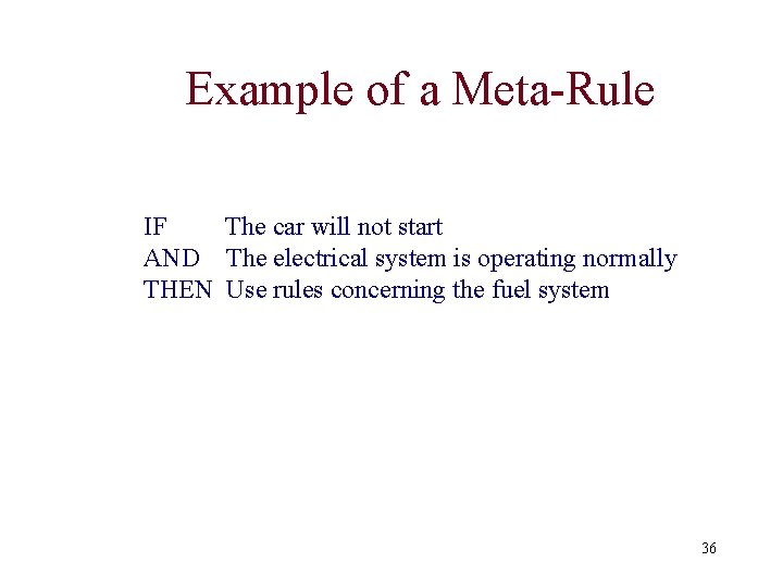 Example of a Meta-Rule IF The car will not start AND The electrical system Example of a Meta-Rule IF The car will not start AND The electrical system
