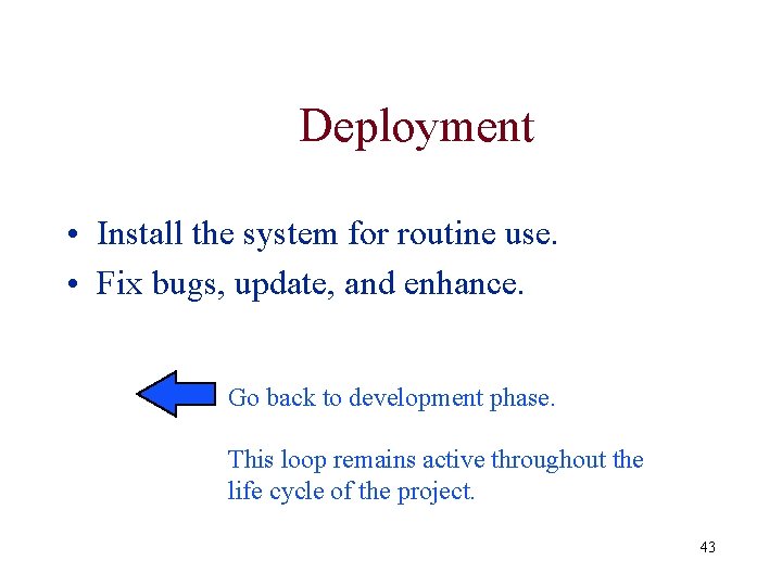 Deployment • Install the system for routine use. • Fix bugs, update, and enhance. Deployment • Install the system for routine use. • Fix bugs, update, and enhance.