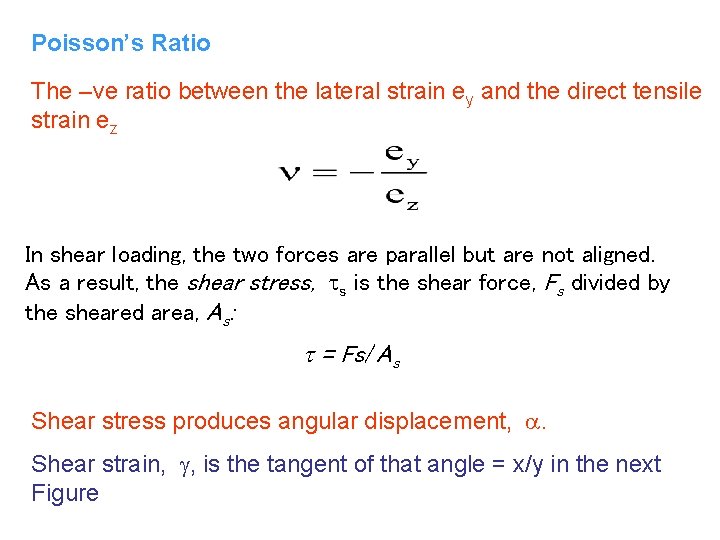 Poisson’s Ratio The –ve ratio between the lateral strain ey and the direct tensile