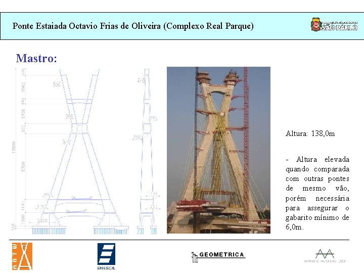 Ponte Estaiada Octavio Frias de Oliveira (Complexo Real Parque) Mastro: Altura: 138, 0 m Ponte Estaiada Octavio Frias de Oliveira (Complexo Real Parque) Mastro: Altura: 138, 0 m
