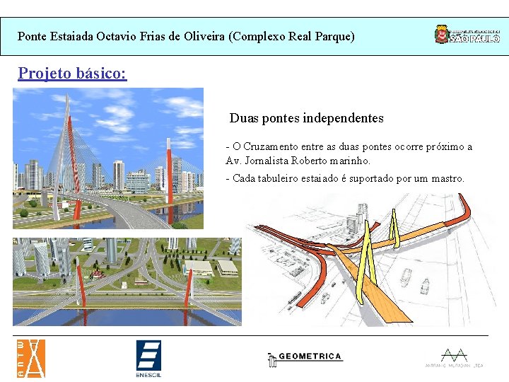 Ponte Estaiada Octavio Frias de Oliveira (Complexo Real Parque) Projeto básico: Duas pontes independentes Ponte Estaiada Octavio Frias de Oliveira (Complexo Real Parque) Projeto básico: Duas pontes independentes