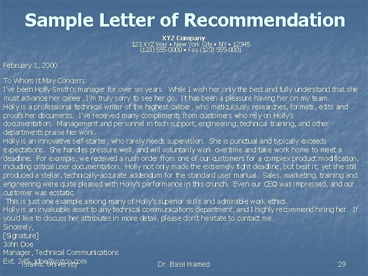 Sample Letter of Recommendation XYZ Company 123 XYZ Way • New York City •