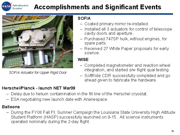 Astrophysics Division Accomplishments and Significant Events SOFIA – Coated primary mirror re-installed. – Installed