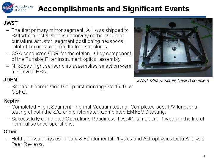 Astrophysics Division Accomplishments and Significant Events JWST – The first primary mirror segment, A