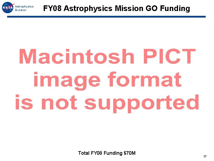 Astrophysics Division FY 08 Astrophysics Mission GO Funding Total FY 08 Funding $70 M