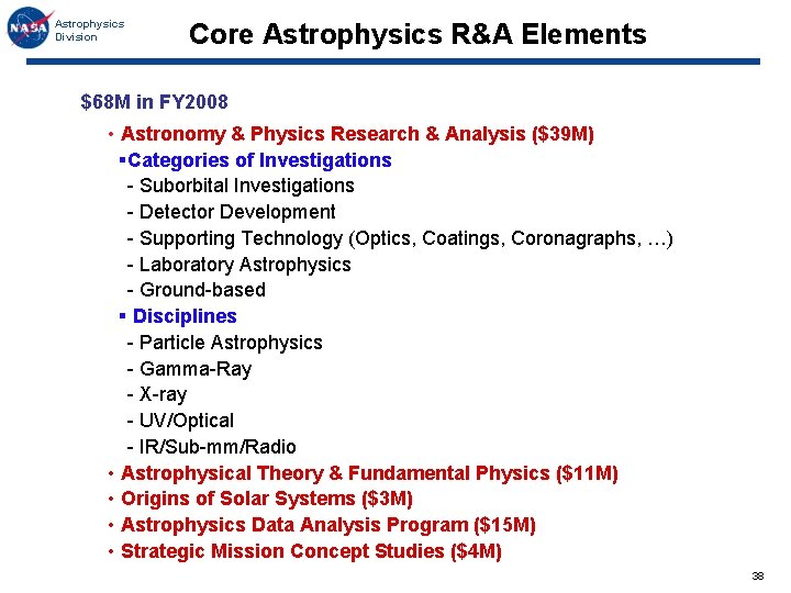 Astrophysics Division Core Astrophysics R&A Elements $68 M in FY 2008 • Astronomy &