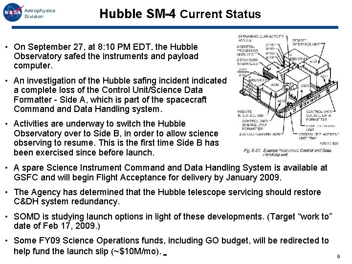 Astrophysics Division Hubble SM-4 Current Status • On September 27, at 8: 10 PM