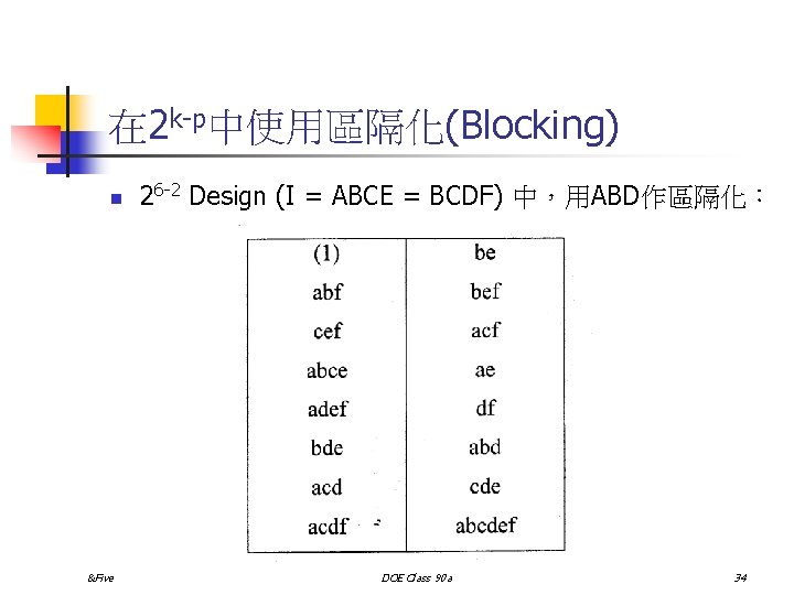 在 2 k-p中使用區隔化(Blocking) n &Five 26 -2 Design (I = ABCE = BCDF) 中，用ABD作區隔化：