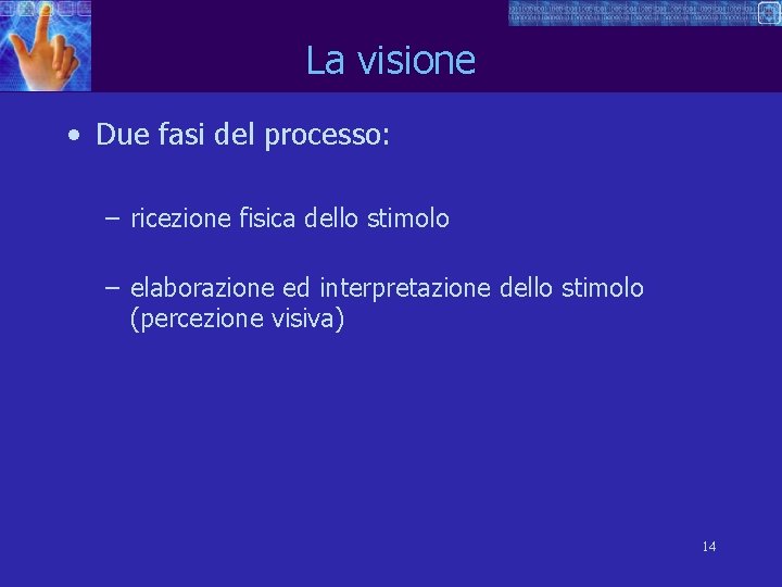 La visione • Due fasi del processo: – ricezione fisica dello stimolo – elaborazione