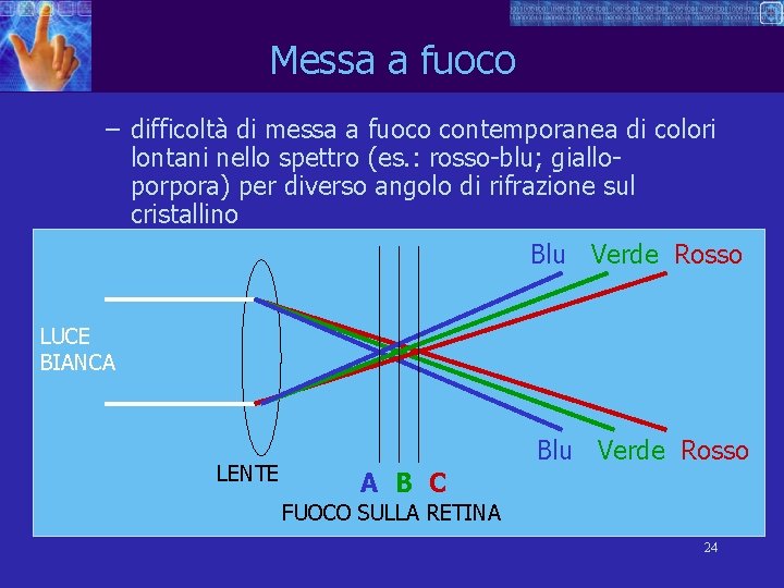 Messa a fuoco – difficoltà di messa a fuoco contemporanea di colori lontani nello