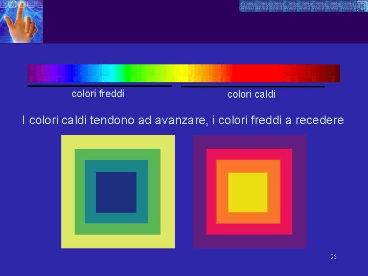colori freddi colori caldi I colori caldi tendono ad avanzare, i colori freddi a