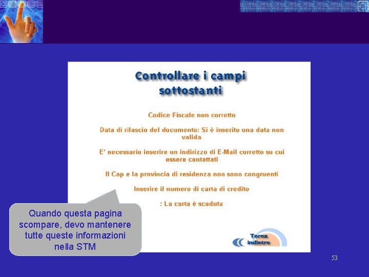 Quando questa pagina scompare, devo mantenere tutte queste informazioni nella STM 53 