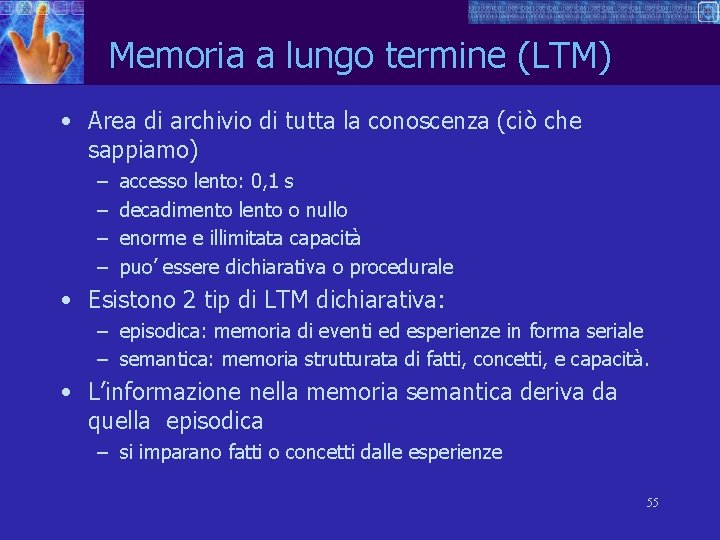 Memoria a lungo termine (LTM) • Area di archivio di tutta la conoscenza (ciò