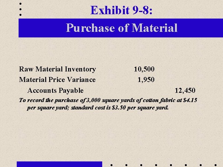 Exhibit 9 -8: Purchase of Material Raw Material Inventory Material Price Variance Accounts Payable