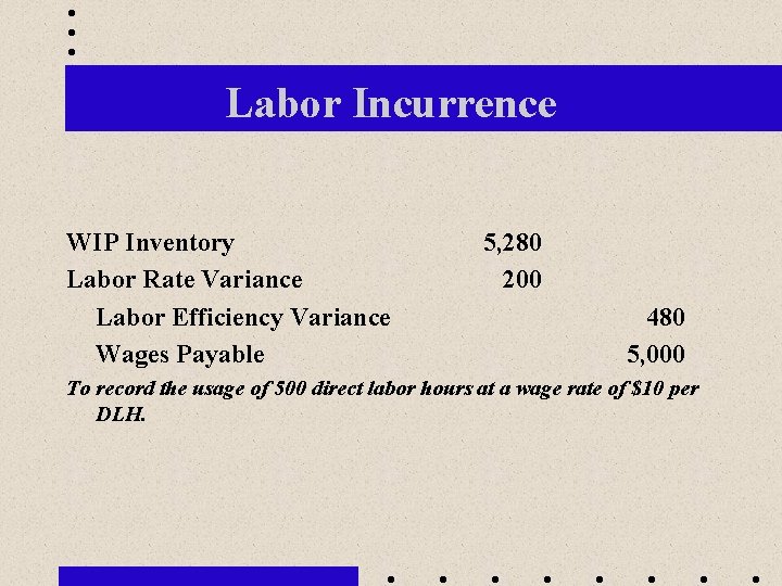 Labor Incurrence WIP Inventory Labor Rate Variance Labor Efficiency Variance Wages Payable 5, 280