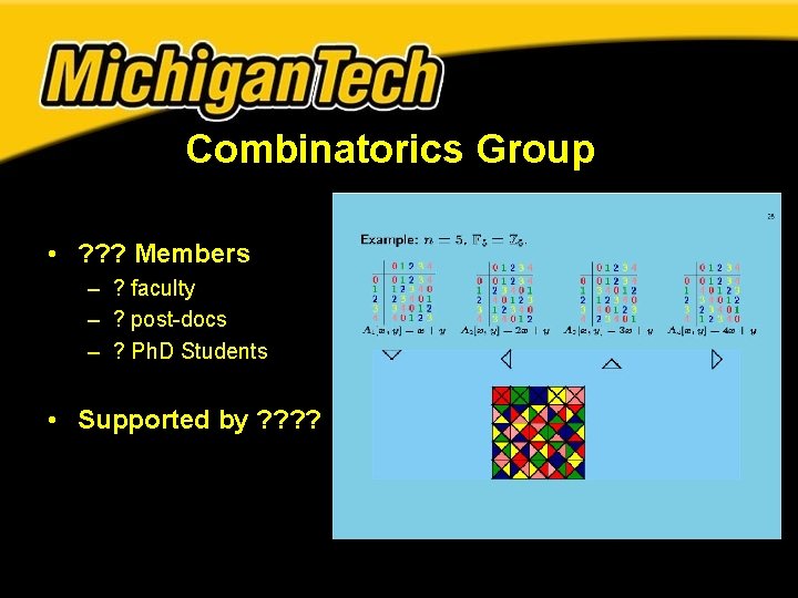 Combinatorics Group • ? ? ? Members – ? faculty – ? post-docs – Combinatorics Group • ? ? ? Members – ? faculty – ? post-docs –
