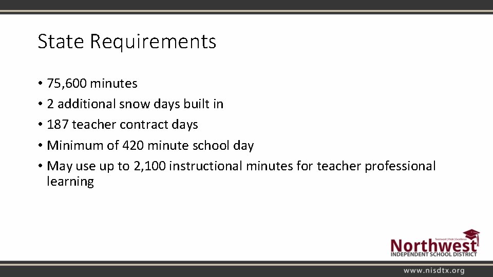 State Requirements • 75, 600 minutes • 2 additional snow days built in •