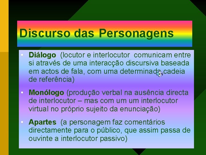 Discurso das Personagens • Diálogo (locutor e interlocutor comunicam entre Diálogo si através de