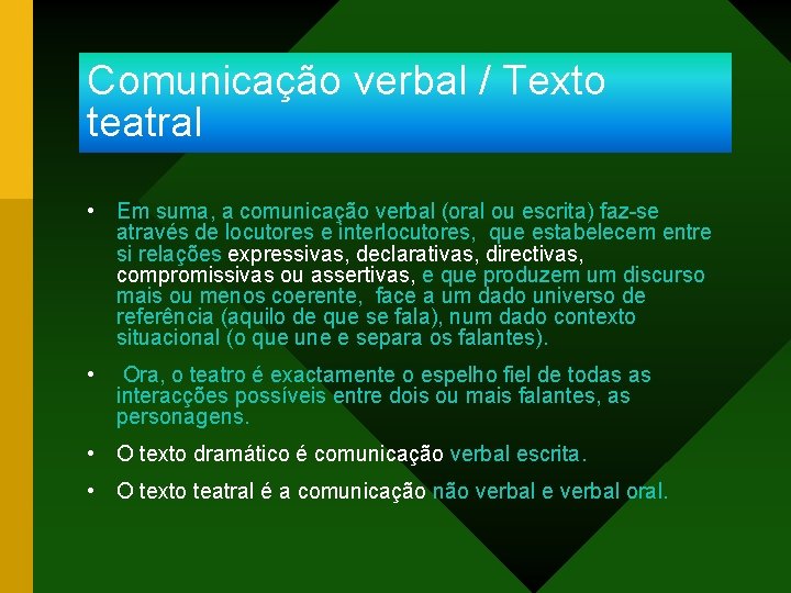 Comunicação verbal / Texto teatral • Em suma, a comunicação verbal (oral ou escrita)