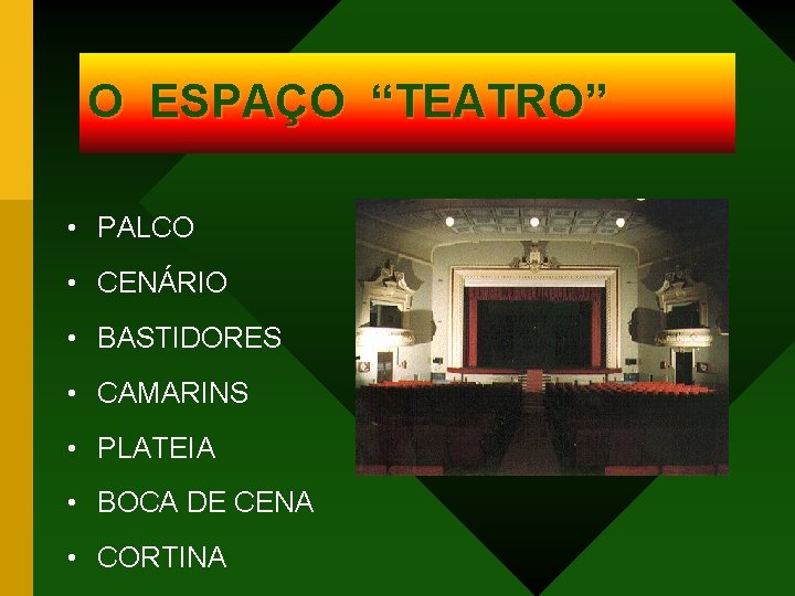 O ESPAÇO “TEATRO” • PALCO • CENÁRIO • BASTIDORES • CAMARINS • PLATEIA •