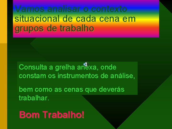 Vamos analisar o contexto situacional de cada cena em grupos de trabalho Consulta a