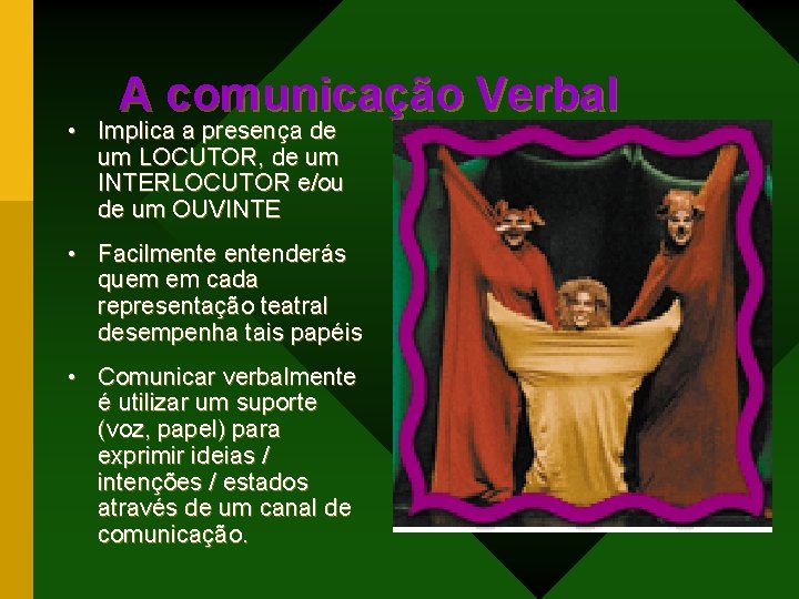 A comunicação Verbal • Implica a presença de um LOCUTOR, de um INTERLOCUTOR e/ou