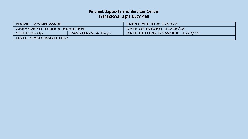 Pincrest Supports and Services Center Transitional Light Duty Plan 