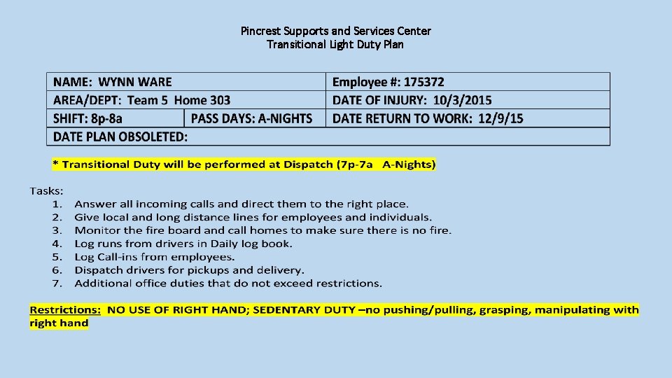 Pincrest Supports and Services Center Transitional Light Duty Plan 