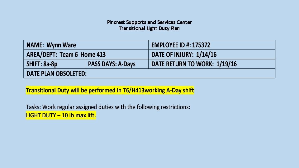 Pincrest Supports and Services Center Transitional Light Duty Plan 