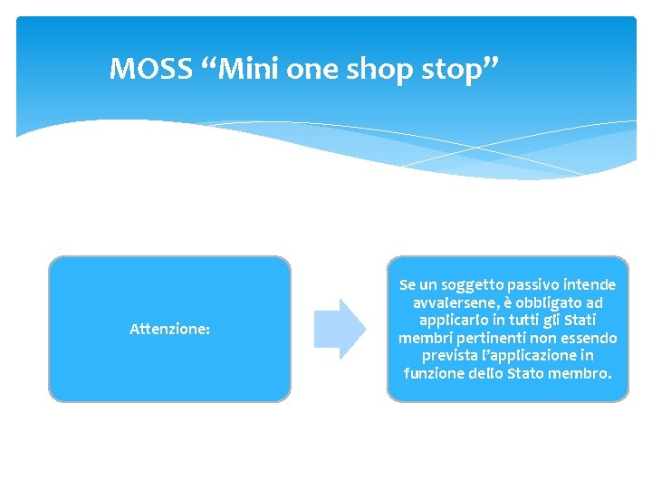 MOSS “Mini one shop stop” Attenzione: Se un soggetto passivo intende avvalersene, è obbligato MOSS “Mini one shop stop” Attenzione: Se un soggetto passivo intende avvalersene, è obbligato