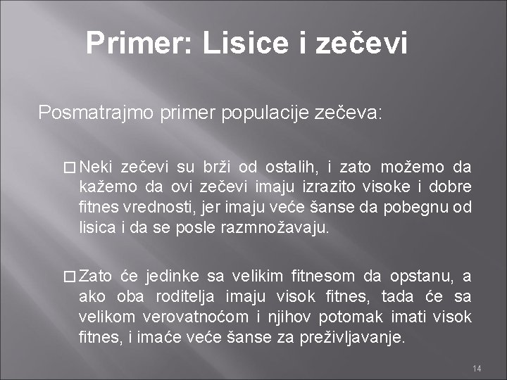 Primer: Lisice i zečevi Posmatrajmo primer populacije zečeva: � Neki zečevi su brži od