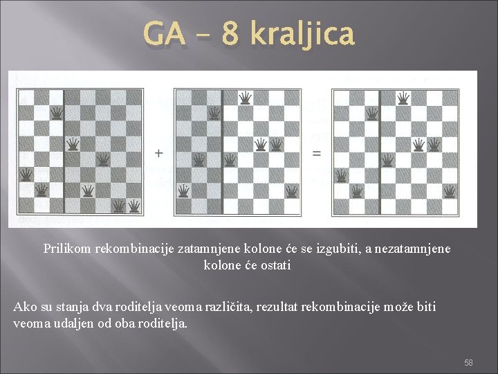 GA – 8 kraljica Prilikom rekombinacije zatamnjene kolone će se izgubiti, a nezatamnjene kolone