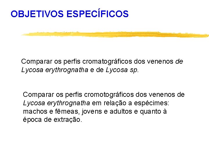 OBJETIVOS ESPECÍFICOS Comparar os perfis cromatográficos dos venenos de Lycosa erythrognatha e de Lycosa