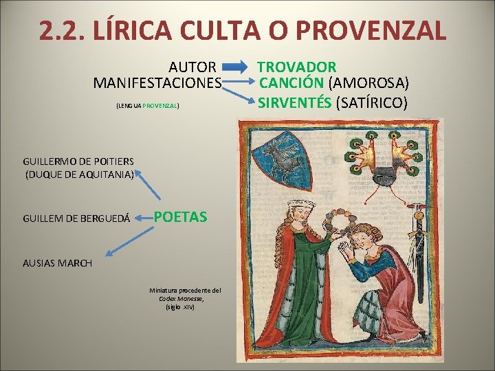  2. 2. LÍRICA CULTA O PROVENZAL AUTOR TROVADOR MANIFESTACIONES CANCIÓN (AMOROSA) (LENGUA PROVENZAL)