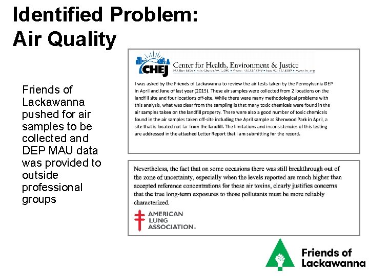 Identified Problem: Air Quality Friends of Lackawanna pushed for air samples to be collected