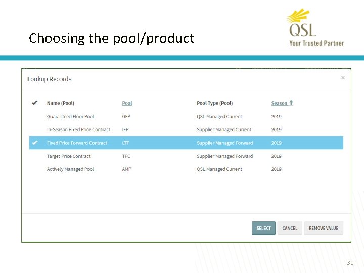 Choosing the pool/product 30 