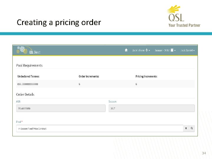 Creating a pricing order 34 