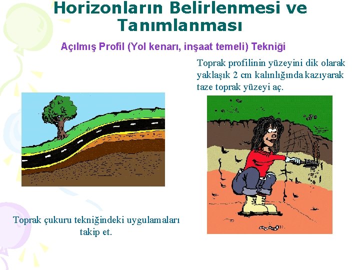 Horizonların Belirlenmesi ve Tanımlanması Açılmış Profil (Yol kenarı, inşaat temeli) Tekniği Toprak profilinin yüzeyini