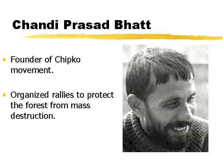 Chandi Prasad Bhatt • Founder of Chipko movement. • Organized rallies to protect the