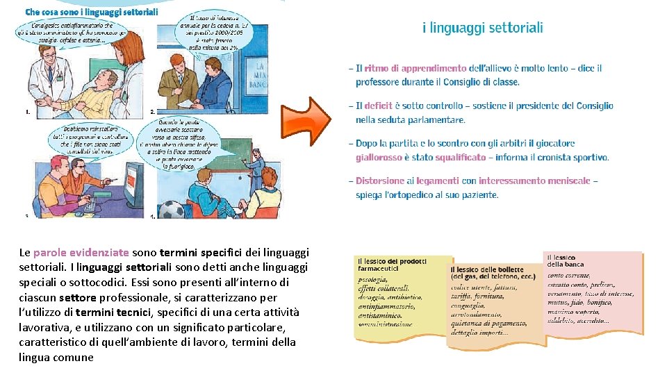 Le parole evidenziate sono termini specifici dei linguaggi settoriali. I linguaggi settoriali sono detti