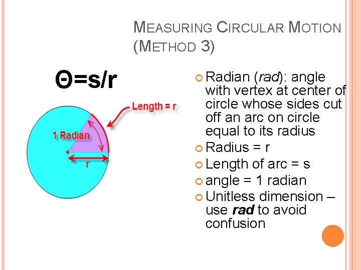 MEASURING CIRCULAR MOTION (METHOD 3) Θ=s/r Radian (rad): angle with vertex at center of