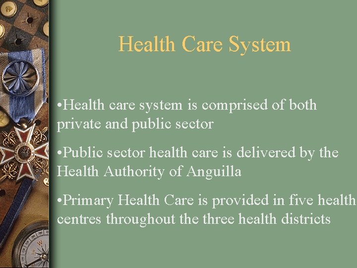 Health Care System • Health care system is comprised of both private and public