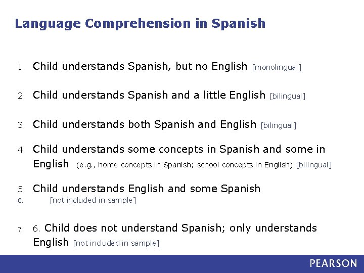 Language Comprehension in Spanish 1. Child understands Spanish, but no English 2. Child understands