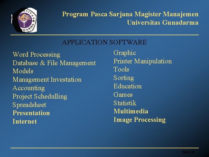 Program Pasca Sarjana Magister Manajemen Universitas Gunadarma APPLICATION SOFTWARE Word Processing Database & File