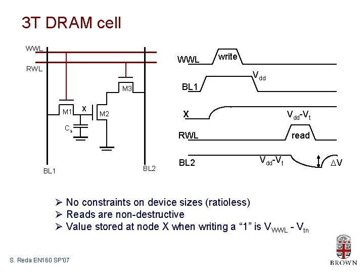 3 T DRAM cell WWL RWL write Vdd BL 1 M 3 M 1