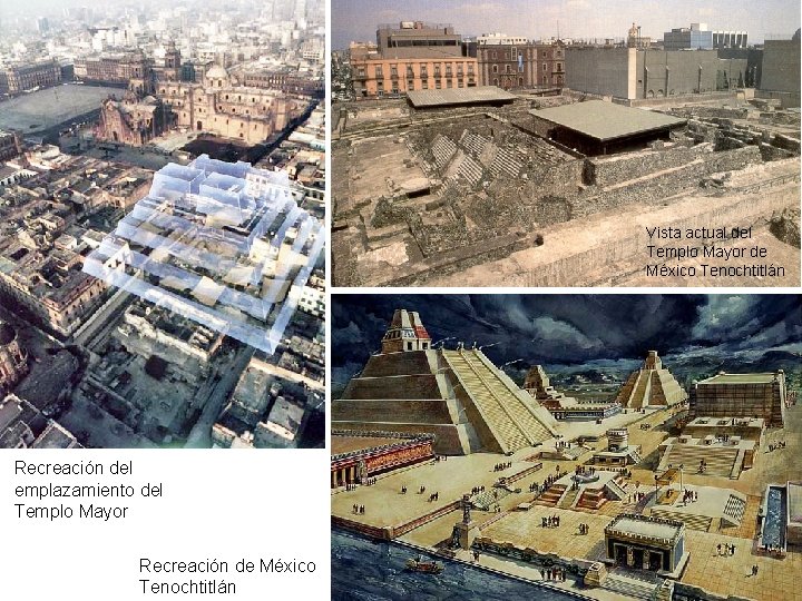 Vista actual del Templo Mayor de México Tenochtitlán Recreación del emplazamiento del Templo Mayor