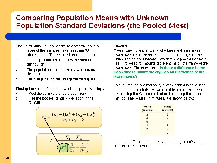 Comparing Population Means with Unknown Population Standard Deviations (the Pooled t-test) The t distribution Comparing Population Means with Unknown Population Standard Deviations (the Pooled t-test) The t distribution