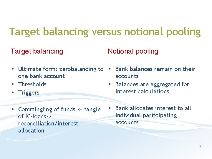 Target balancing versus notional pooling Target balancing Notional pooling • Ultimate form: zerobalancing to