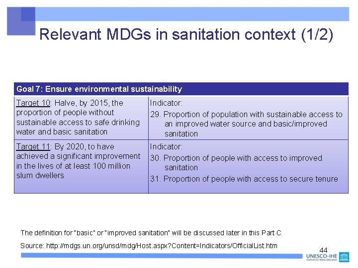 Relevant MDGs in sanitation context (1/2) Goal 7: Ensure environmental sustainability Target 10: Halve,